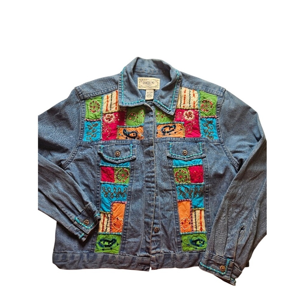 Patchwork Denim Jacket Embroidered Sequin Boho Jean Womens Large Tantrums Y2K
